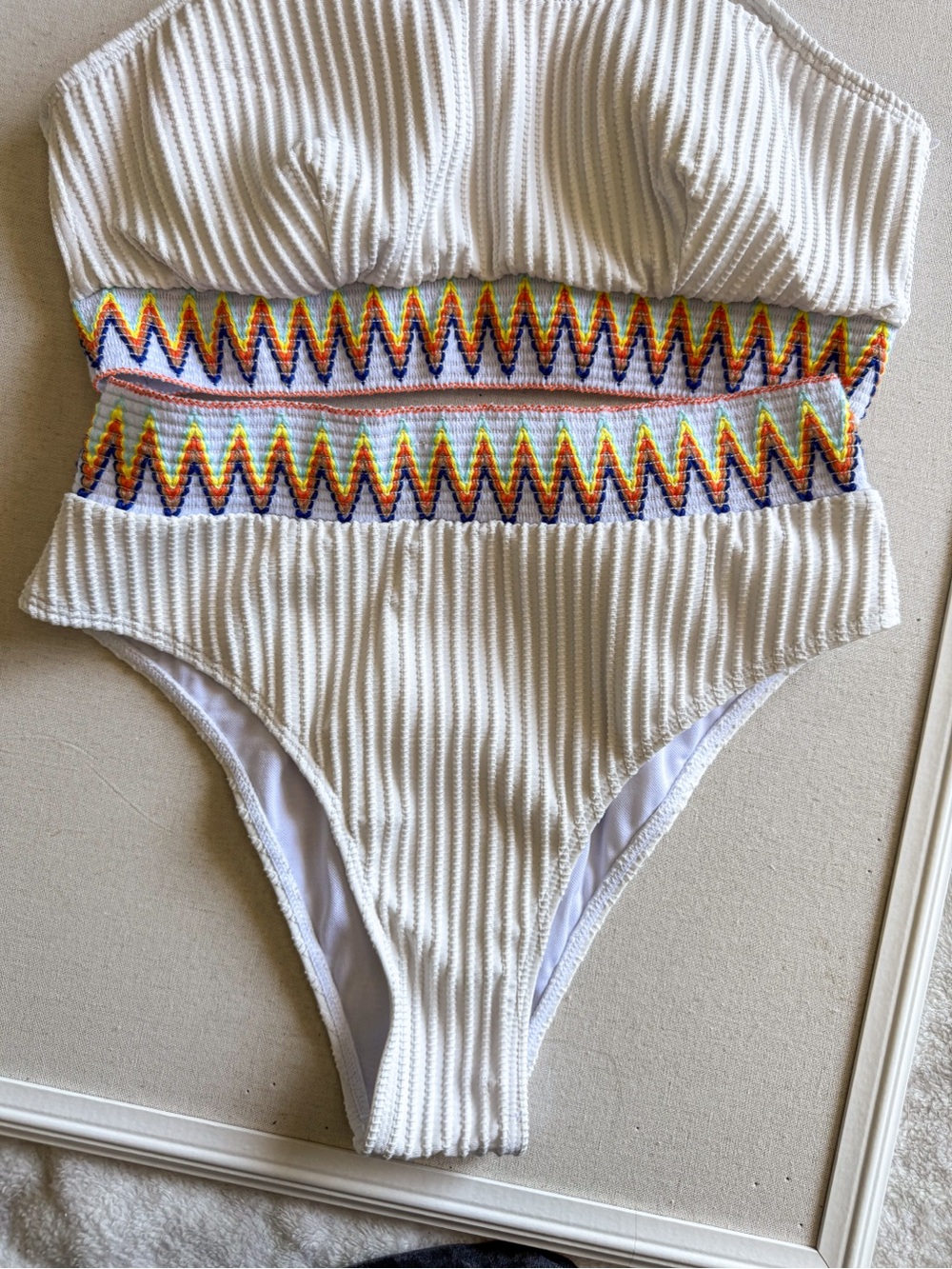 Textured Ribbed Bikini Set White Colorful Zigzag Trim High Waisted Size L - Picture 2 of 8